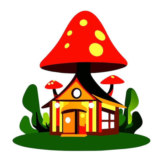 Stump house with mushroom in cartoon style on white background illustration