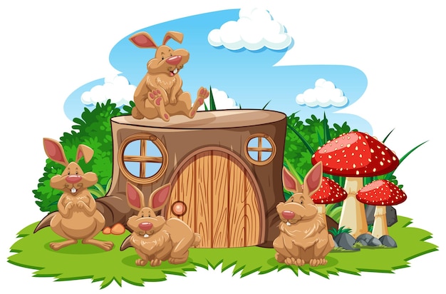 Stump house with three mouses cartoon style on white background