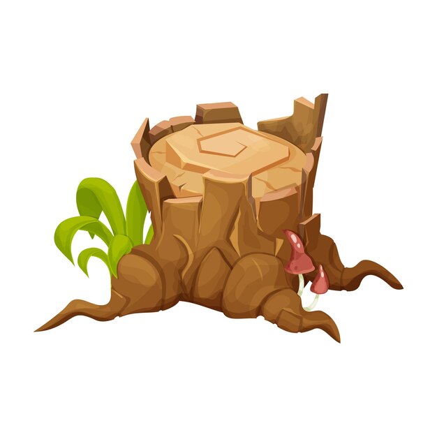 Stump of tree, detailed drawing with grass and mushrooms in cartoon style