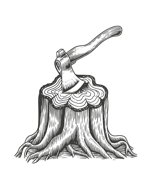 Stump with stuck ax sketch. Cutting wood and logging. woodcutter tool for chopping wood. Carpentry