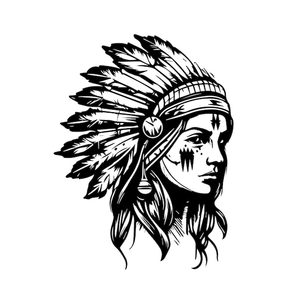 A stunning Hand drawn illustration of a beautiful girl wearing an Indian chief headpiece