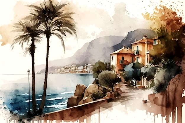 海辺の街のシルエット、水の反射、海、美しい日の出を描いた見事な風景画