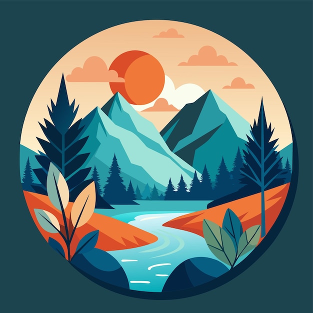 a stunning mountain landscape featuring a river winding through lush trees under a clear sky a minimalist design featuring symbols of repentance and reflection