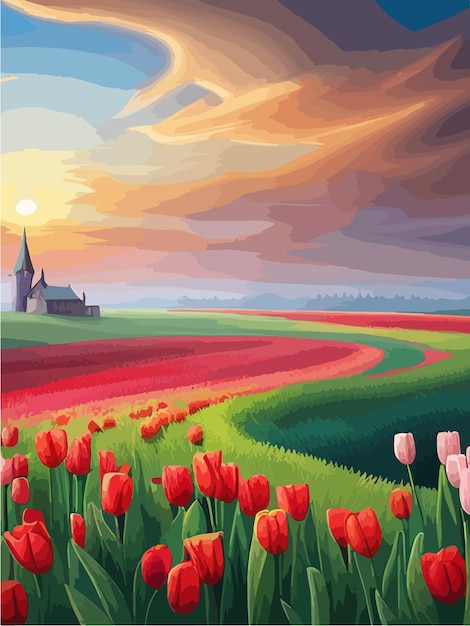 Vector stunning scenery beautiful field reds tulips that stretches to horizon vector illustration of spring