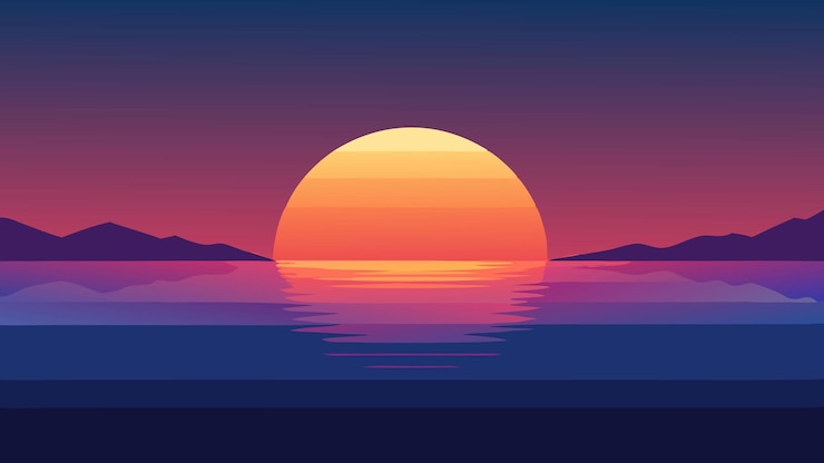 Vector 静かな海の上に鮮やかな色彩を投げかける 静かで美しい景色を生み出します 平らなベクトルイラスト 自然の背景
