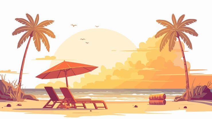 Vector stunning sunset on luxurious resort beach with sun loungers and umbrella