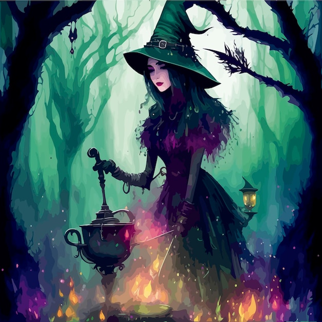 Una strega straordinariamente bella che mescola la sua illustrazione verde calderone