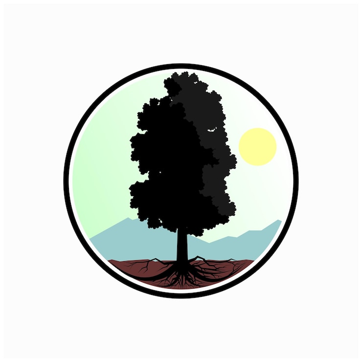 Vector sturdy tree under the mountains logo design inspiration