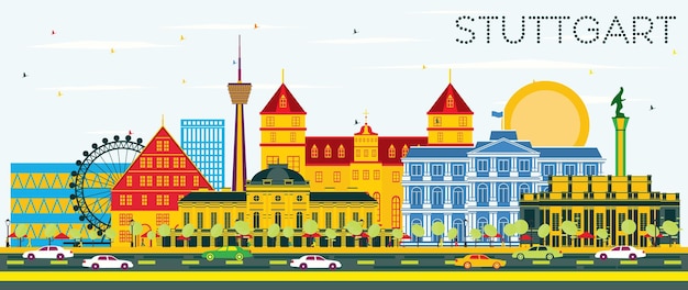 Stuttgart duitsland skyline met kleur gebouwen en blauwe hemel. vectorillustratie. zakelijk reizen en toerisme concept met historische architectuur. stadsgezicht van stuttgart met monumenten.