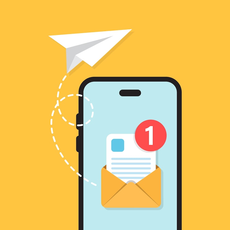 Vector stuur e-mail vanuit een smartphone-icone in platte stijl papieren vlakke vectorillustratie op een geïsoleerde achtergrond business concept voor het overbrengen van berichten