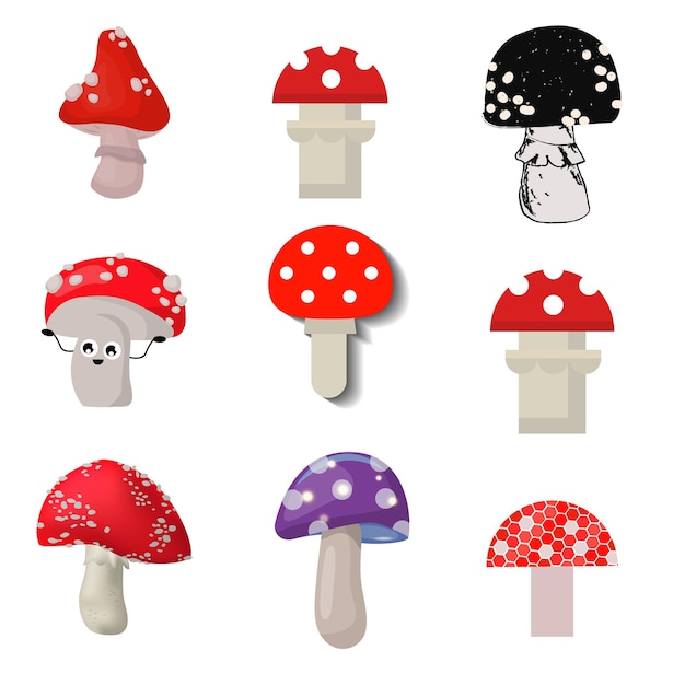 Stile di funghi amanita set vettore stagione velenosa fungo tossico cibo cartone animato muscaria, fungo velenoso. illustrazione della foresta di funghi macchiati pianta pericolosa.