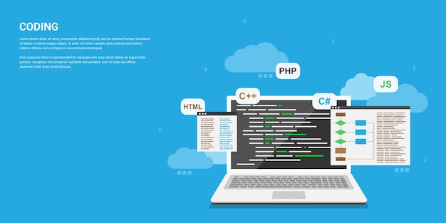 Vector style banner , coding, programming, application development concept