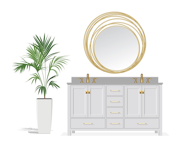 Style bathroom. Dressing Table, mirror and decorative Howea palm tree.