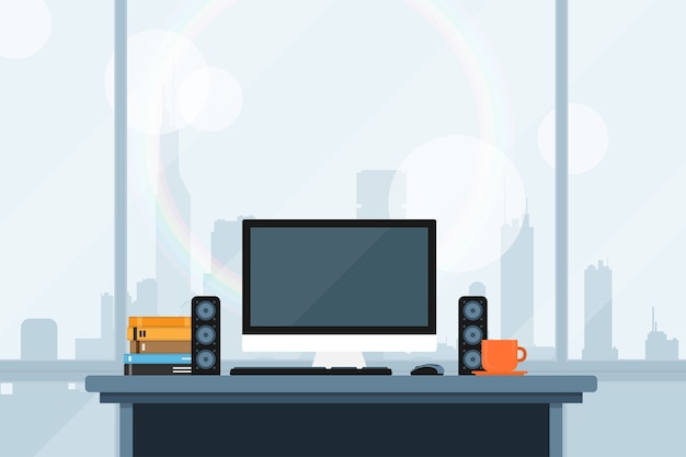 Vector style illustration of modern workspace in office with the wiev on the big sity panorama