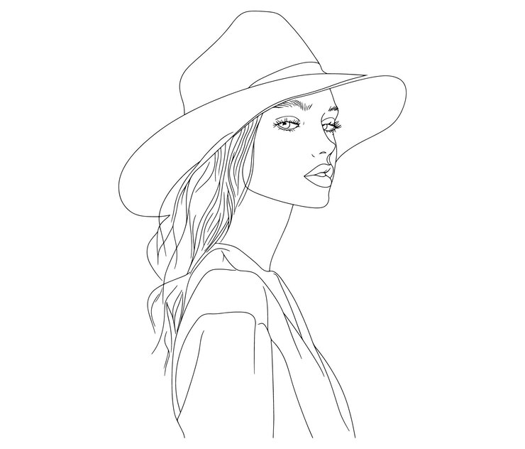 Vector styling lady vector girl in a hat beautiful woman outline