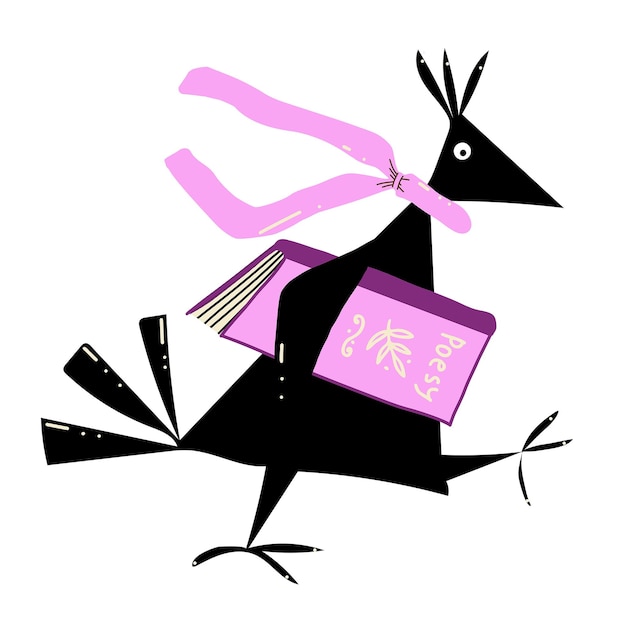 Stylised fairy tale black raven in a pink scarf with a book of poems Cartoon vector illustration