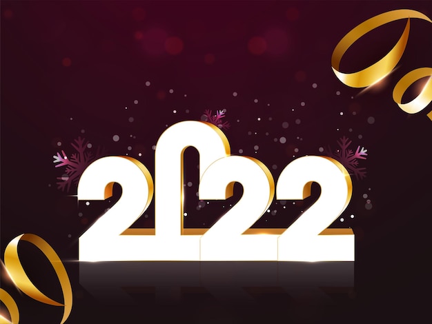 Stylish 3D 2022 Number With Golden Curl Ribbons, Snowflakes On Gradient Dark Pink Bokeh Background.