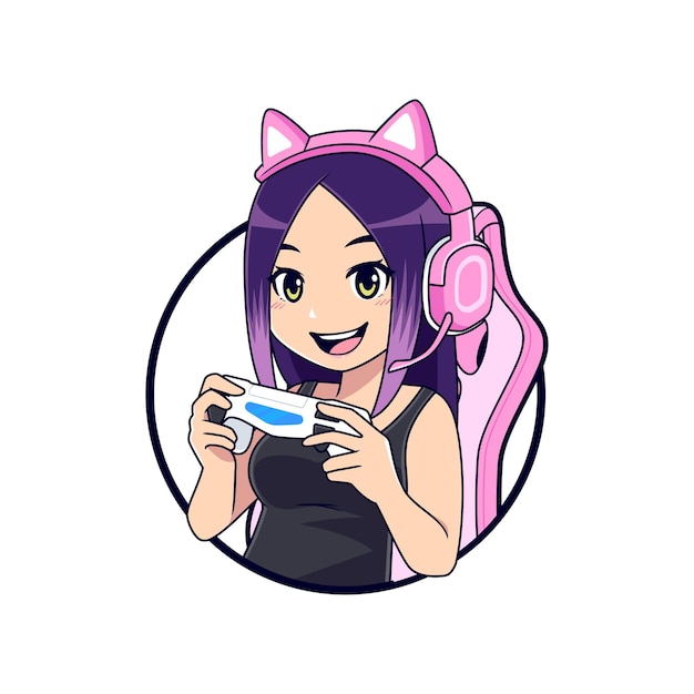 Stylish anime gamer girl cartoon gaming mascot logo vector