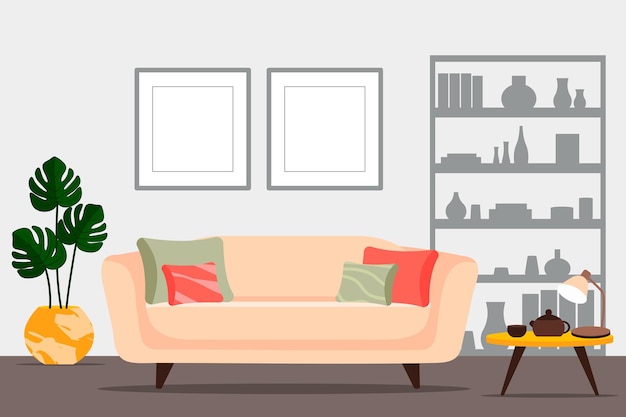 Stylish apartment interiors in Scandinavian style with modern decor. Cozy furnished living room. Cartoon flat vector illustration. Bright, stylish and comfortable furniture with indoor plants.