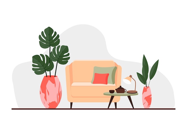 Stylish apartment interiors in Scandinavian style with modern decor Cozy furnished living room Cartoon flat vector illustration Bright stylish and comfortable furniture with indoor plants