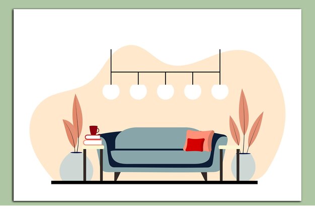 Vector stylish apartment interiors in scandinavian style with modern decor cozy furnished living room cartoon flat vector illustration bright stylish and comfortable furniture with indoor plants