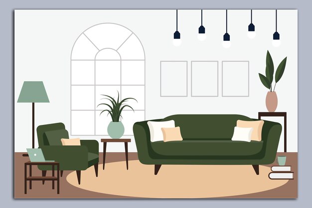 Stylish apartment interiors in Scandinavian style with modern decor Cozy furnished living room Cartoon flat vector illustration Bright stylish and comfortable furniture with indoor plants