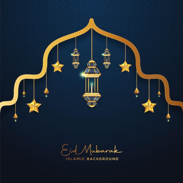 Stylish Arabic Eid Mubarak background with gold moon lantern stars with Arabic ornamentation