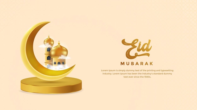 Stylish Arabic Eid Mubarak background with gold moon lantern stars with Arabic ornamentation