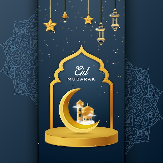 Stylish Arabic Eid Mubarak background with gold moon lantern stars with Arabic ornamentation