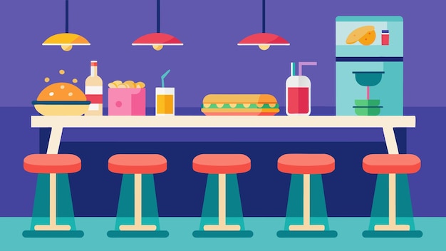 Vettore un bar elegante con sgabelli colorati che servono brunch trendy e degni di instagram.