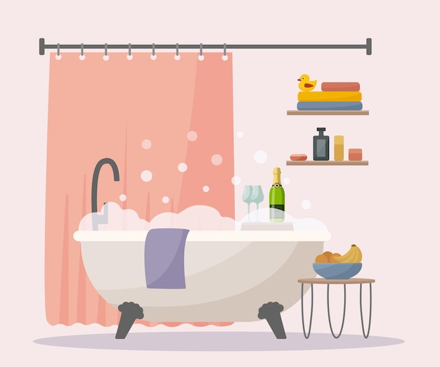 Стильная ванная комната в плоском векторном стиле. аксессуары, шампунь, гель для душа, мыло, полка, табурет, ваза.