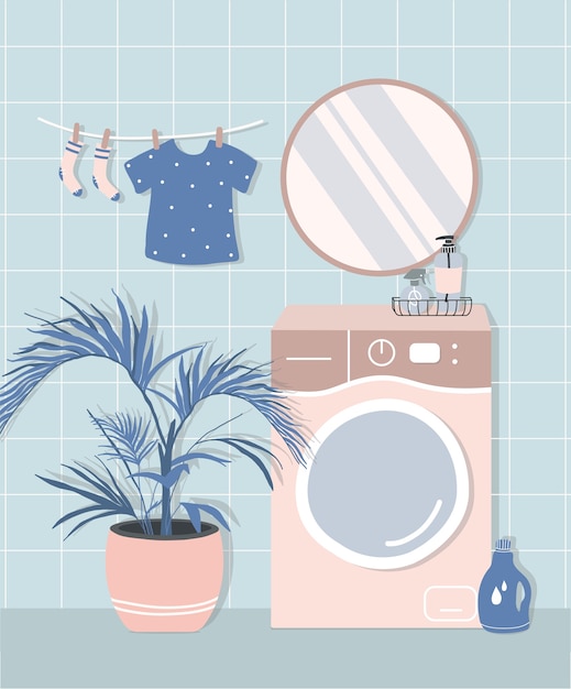 현대적인 스칸디나비아 스타일의 세련된 욕실 인테리어. 세탁기, 거울, 꽃, 화장품 및 세탁 용품. 아늑하고 현대적인 편안한 아파트입니다.