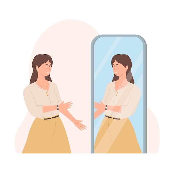 stylish beautiful girl looks in the mirror young woman and her reflection in the mirror
