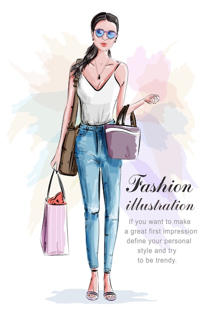 Vector stylish beautiful woman with shopping bags