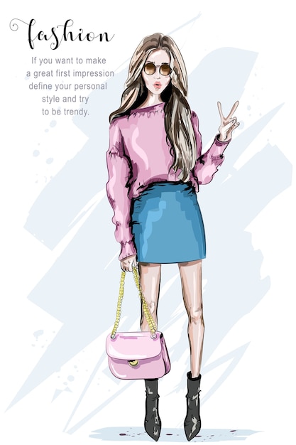 Vector stylish beautiful young woman with bag