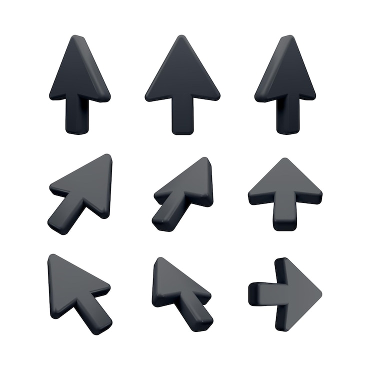 Vector stylish black d cursors collection for user interface and graphic design featuring sleek arrow icons