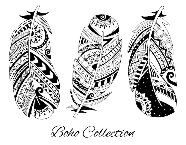 stylish black and white boho feather designs showcasing intricate patterns and creativity