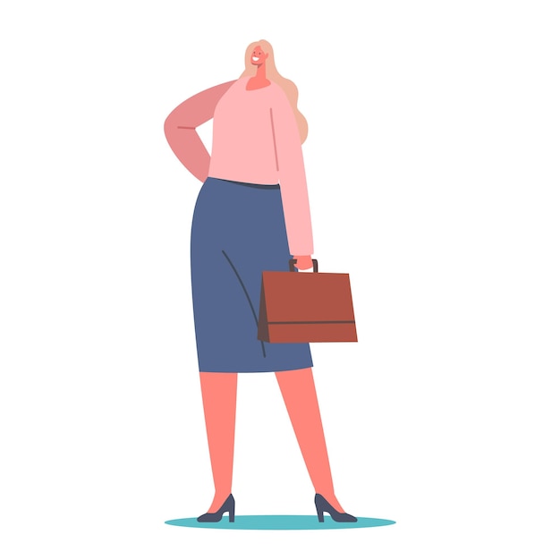 Stylish Blonde Businesswoman wear Trendy Outfit Pink Blouse Blue Skirt and Handbag Fashion Trend for Women Style Lady in Fashionable Clothes Apparel for Girls Cartoon People Vector Illustration