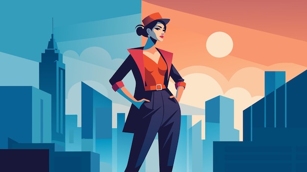 Vector stylish businesswoman in urban sunset