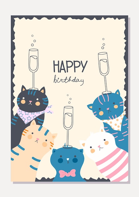 Stylish card with funny cute cats and glasses of champagne happy birthday greeting card