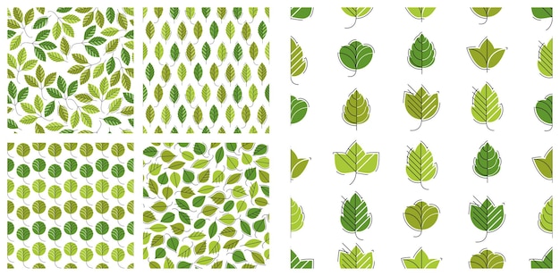 Vector stylish cartoon leaves seamless vector pattern set, endless wallpaper or textile swatch with tree floral, green spring life theme pic collection.