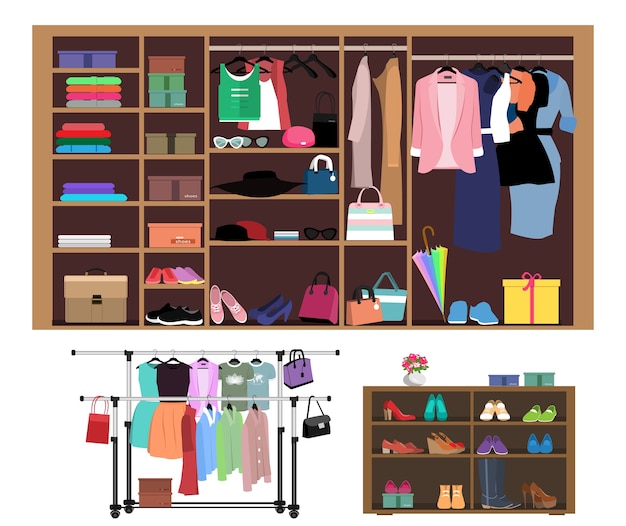 Premium Vector | Stylish closet with fashion clothes, shoes and bags.