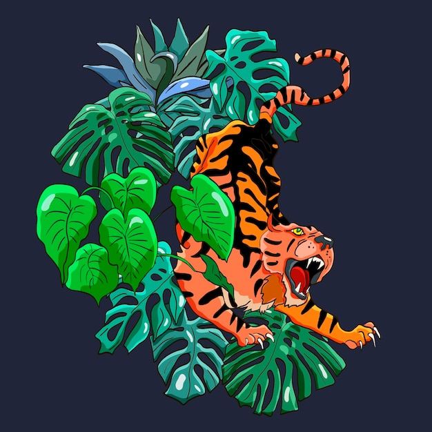 Stylish colorful vector poster with tropical wild animal Amazing big asian tiger