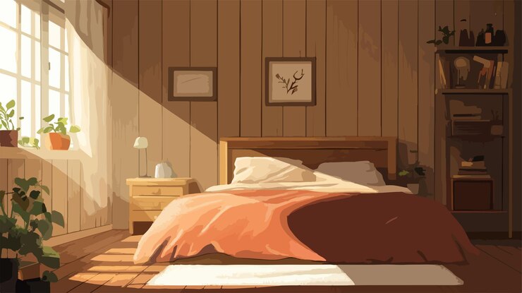 Вектор стильный и уютный дизайн спальни для интерьера дома, подходящий для различных условий и стилей