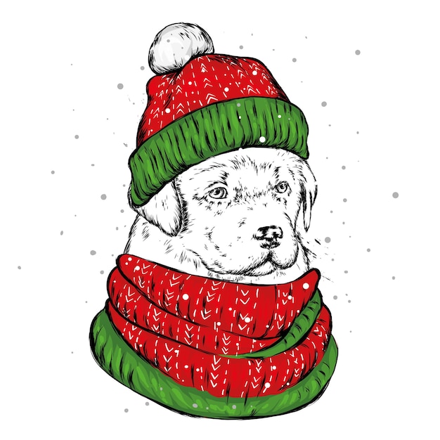 Stylish dog in christmas hat of santa claus