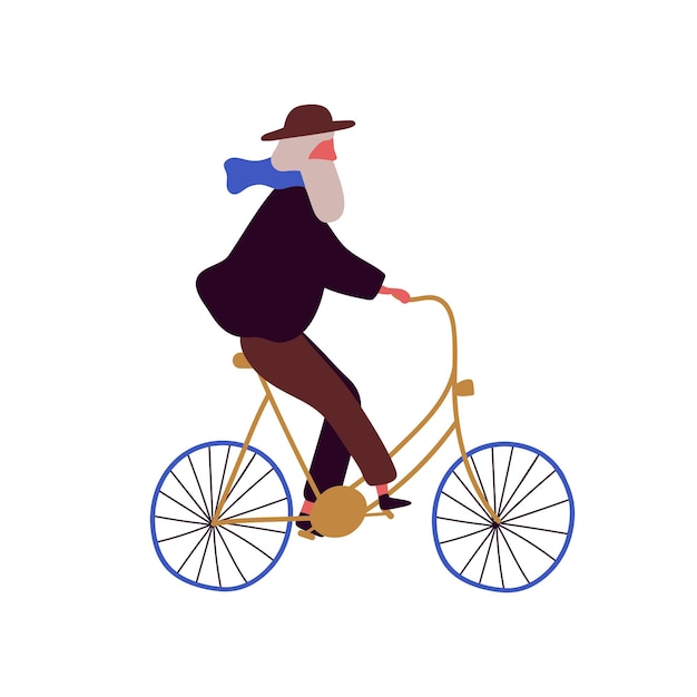 Illustrazione piana di vettore della bicicletta di guida dell'uomo anziano alla moda. nonno alla moda al veicolo urbano. personaggio dei cartoni animati maschio in pensione che guida il trasporto ecologico. viaggio in città isolato su sfondo bianco.