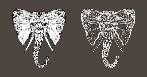 Vector stylish fancy tattoo hippie ornate elephant head ganesh face unique hand drawn ethnic black outline