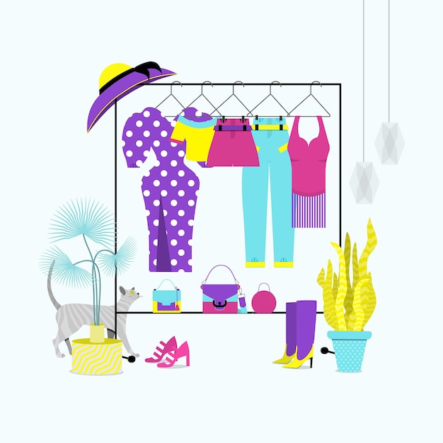 Vector stylish fashion clothes hanging on hangers .organized women's summer wardrobe. clothes storage. flat vector illustration.