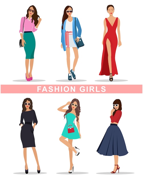 Premium Vector  Stylish fashion girls with accessories. fashion women's  clothes. beautiful girls set. illustration.