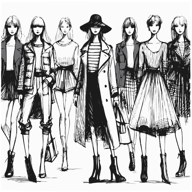 Vector stylish fashion models fashion girls sketch